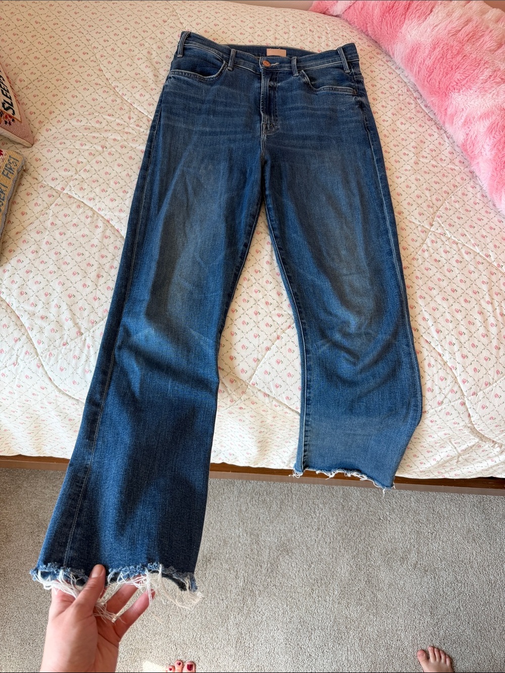 MOTHER Dark Blue Frayed Hem Wide-Leg Jeans